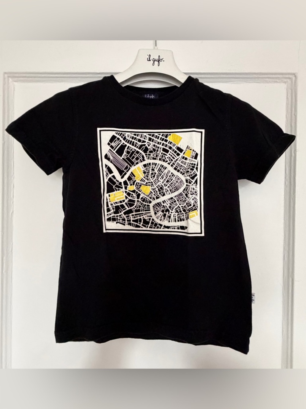 Il Gufo Black Short Sleeve Tee with White and Yellow Map Graphic